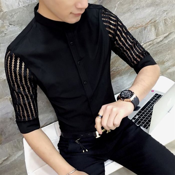 Through men shirt mesh long sleeve sexy elastic dots perspective slim pattern shirts clothing aliexpress